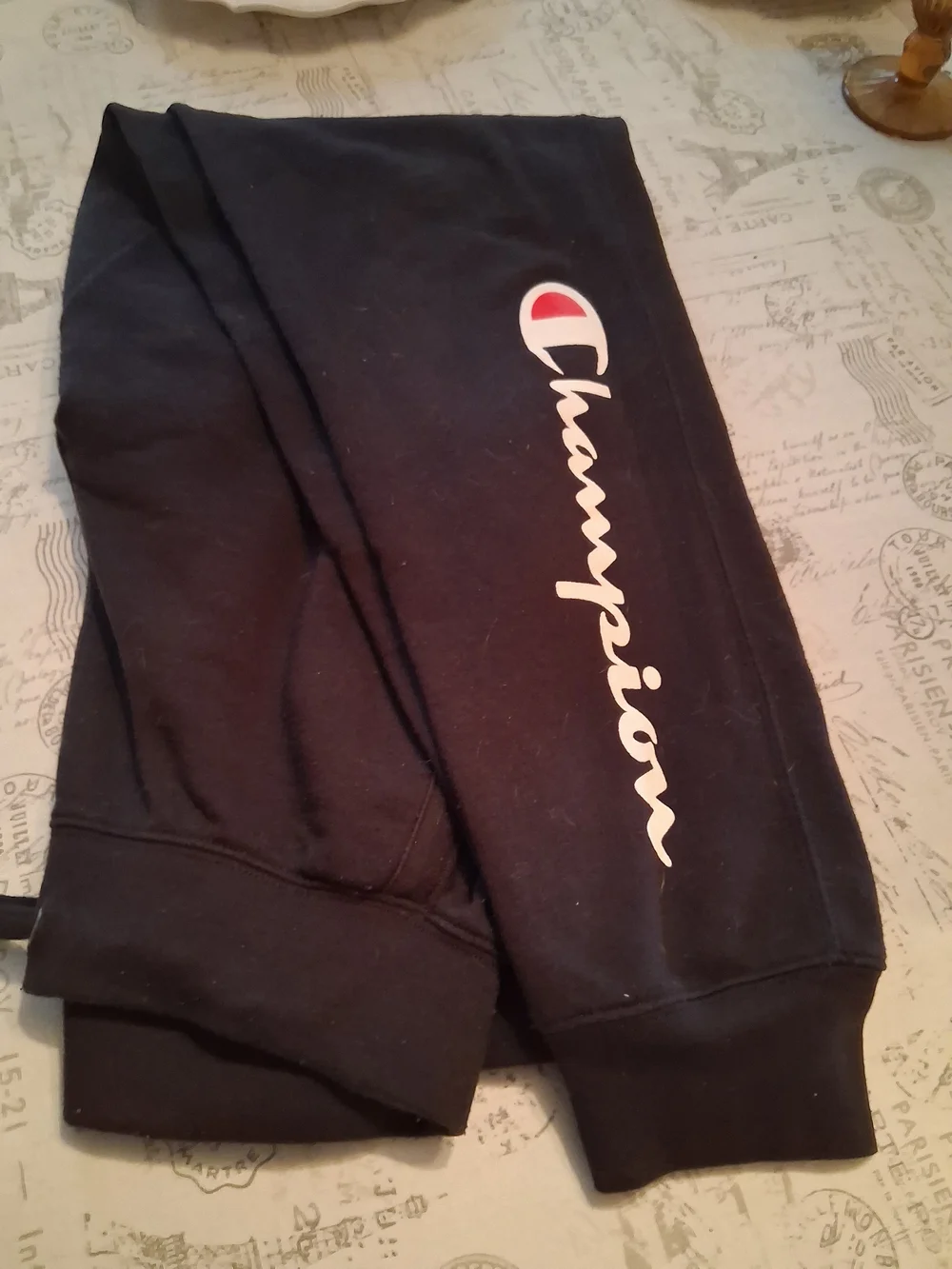 Champion Black Sweatpants with White Script and Red Logo